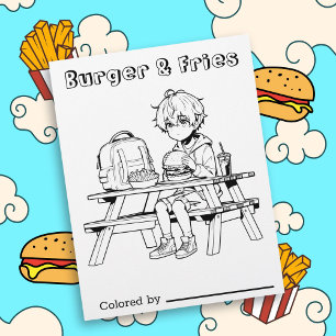 Colour Me Page for Kids Anime Boy Burger and Fri