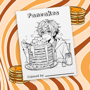 Colour Me Page for Kids Anime Boy Eating Pancake