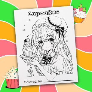 Colour Me Page for Kids Cupcakes and Anime Girl