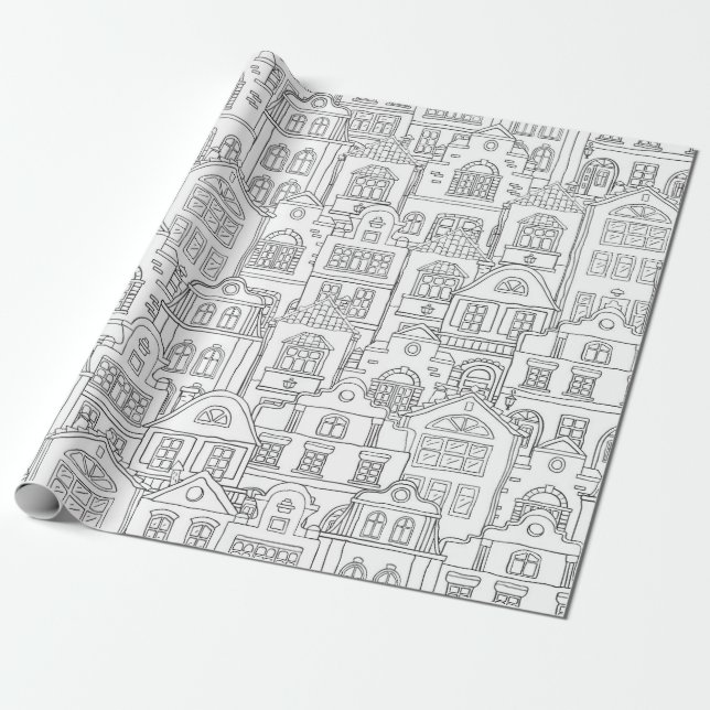 Colour Me Village Neighbourhood City Homes Welcome Wrapping Paper (Unrolled)