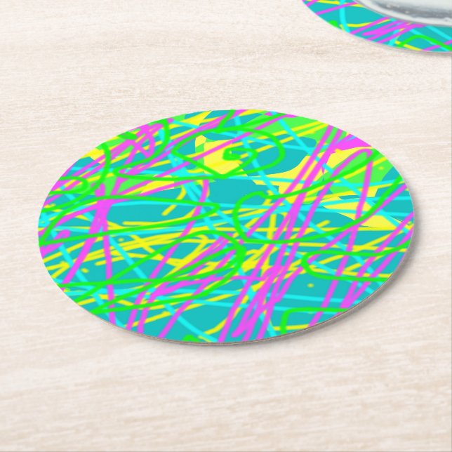 Colour My Dreams Scribble Pattern Expressive Artsy Round Paper Coaster (Angled)