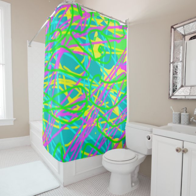 Colour My Dreams Scribble Pattern Expressive Artsy Shower Curtain (In Situ)