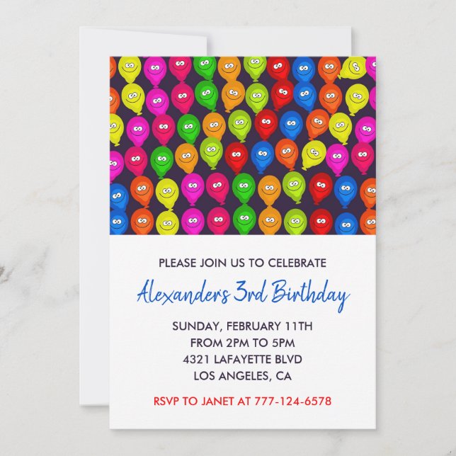 Colour party invitations 3rd boy balloons monster (Front)
