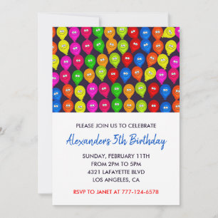 Colour party invitations 5th boy balloons monster
