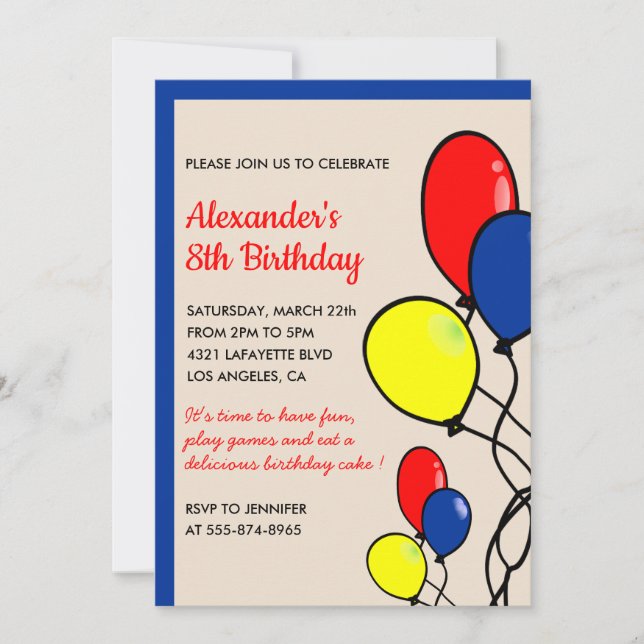 Colour party invitations birthday balloons primary (Front)