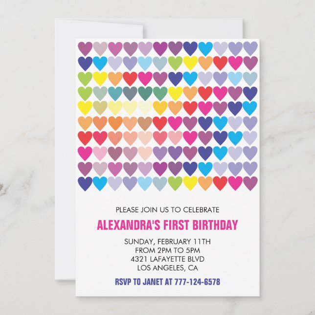 Colour party invitations Rainbow Heart Modern 1st (Front)