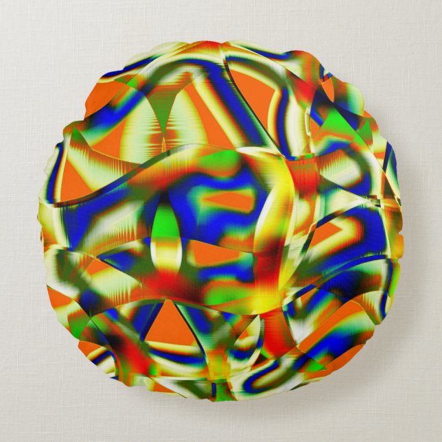 Colour patches on curved beige strips round cushion (Front)