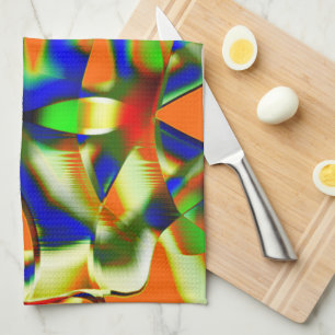Colour patches on curved beige strips tea towel