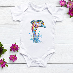 Colour Pencil Dolphin Jumping Out Of The Water Baby Bodysuit