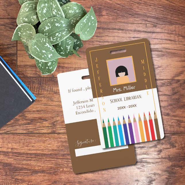 Colour Pencils Doodle School Librarian ID Badge (Color pencils doodle school librarian vertical photo ID badge .)