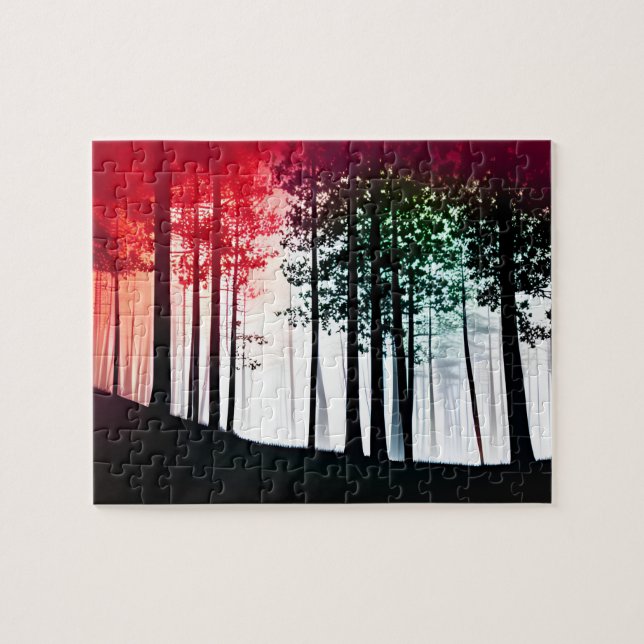 Colour Red Invades Black Silhouette Forest Jigsaw Puzzle (Horizontal)