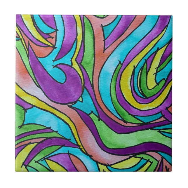 Colour Rhythm-Hand Painted Abstract Watercolor Art Ceramic Tile (Front)
