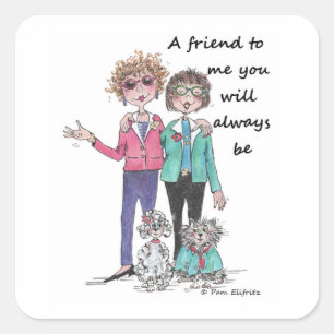 Colour Sketch Art Two Girl Friends pets Together Square Sticker
