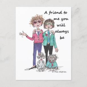 Colour Sketch Art Two Girl Friends Together Postcard