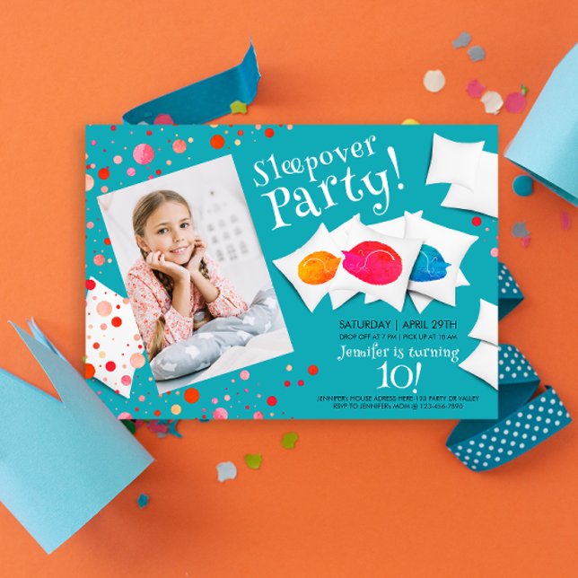 Colour Sleeping Cats Slumber Sleepover Party Photo Invitation (Creator Uploaded)