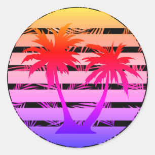 Colour Splash Palm Tree Silhouette Black Stripe  Classic Round Sticker