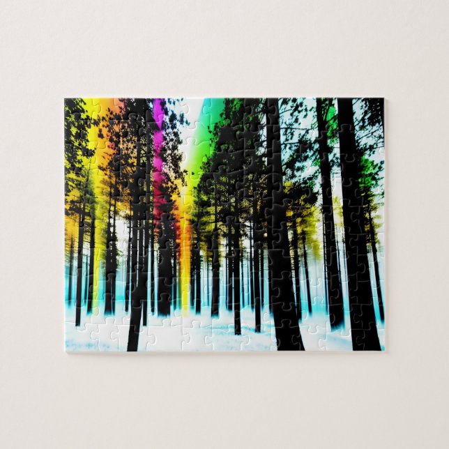 Colour Splashes Through Black Silhouette Forest Jigsaw Puzzle (Horizontal)