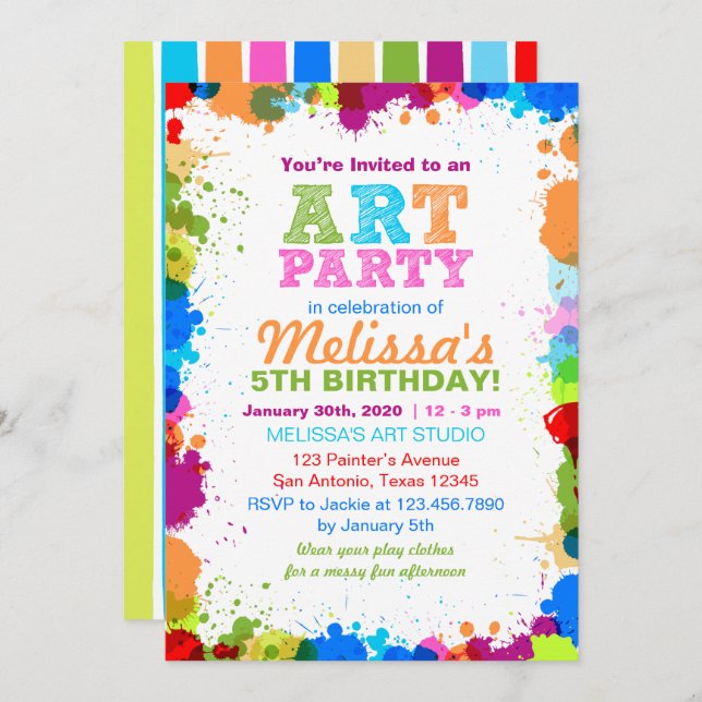 Colour Splatter Art Birthday Party Invitation (Front/Back)