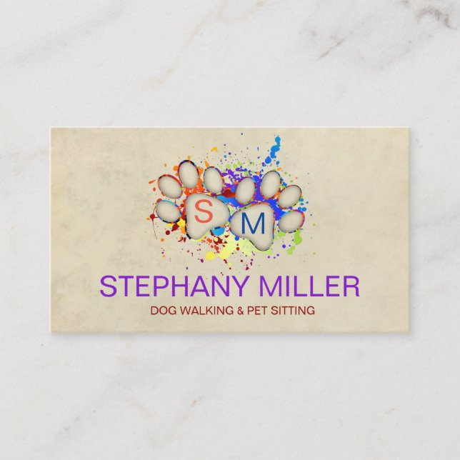 Colour Splatter Paws Monogram - Dog Walker /Sitter Business Card (Front)