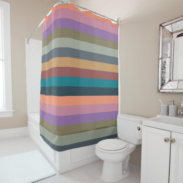 Colour stripes in colourful pastel shower curtain (In Situ)