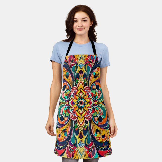 Colour Symphony Mandala – Bold Psychedelic Floral Apron (Worn)