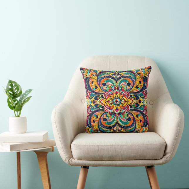 Colour Symphony Mandala – Bold Psychedelic Floral Cushion (Chair)