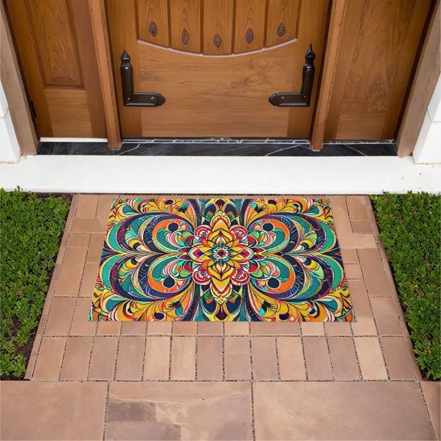 Colour Symphony Mandala – Bold Psychedelic Floral Doormat (Outdoor)
