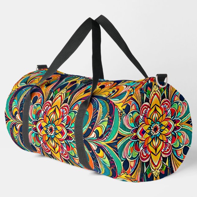Colour Symphony Mandala – Bold Psychedelic Floral Duffle Bag (Left Corner)