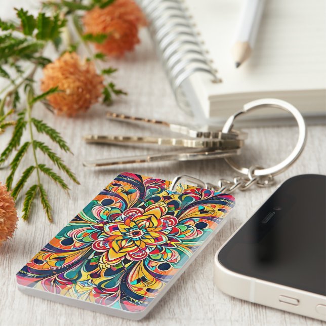 Colour Symphony Mandala – Bold Psychedelic Floral Key Ring (Front Right)