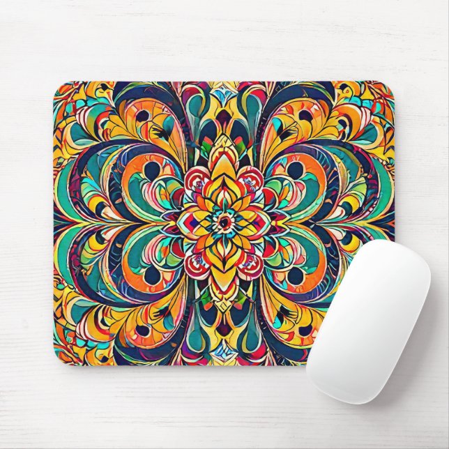 Colour Symphony Mandala – Bold Psychedelic Floral Mouse Pad (With Mouse)