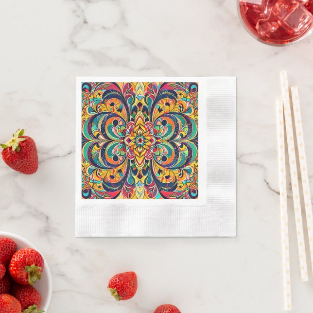 Colour Symphony Mandala – Bold Psychedelic Floral Napkin (Insitu)