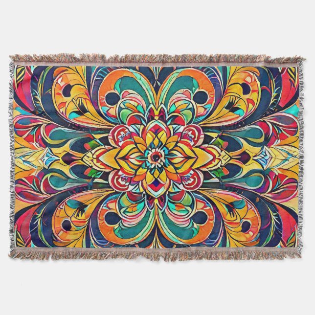 Colour Symphony Mandala – Bold Psychedelic Floral Throw Blanket (Front)