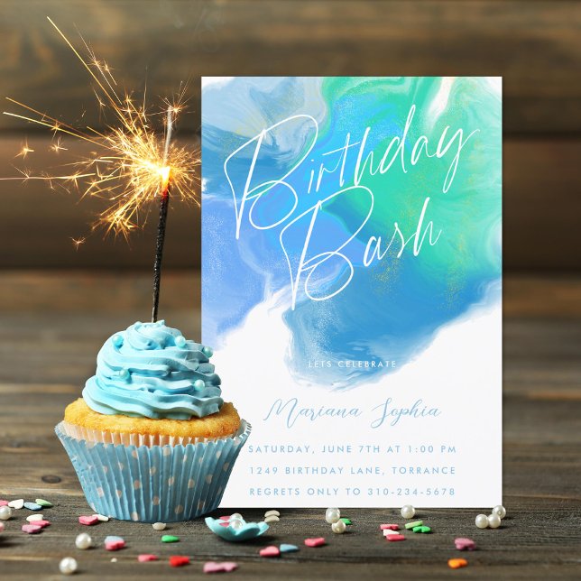 Colour Wash Aqua Blue Green Birthday Party Invitation (Creator Uploaded)
