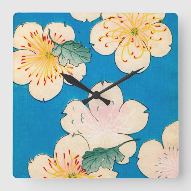 Colour Woodblock Print of Dogwood Blossoms Square Wall Clock (Front)