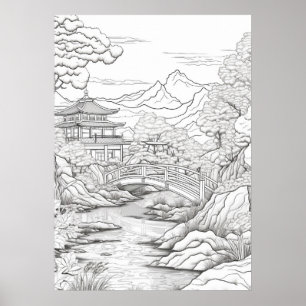 Colour Your Own Asian Landscape Adult Colouring Poster