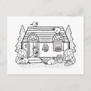 Colour Your Own Cosy House and Raccoons Blank Postcard