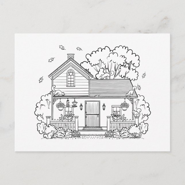 Colour Your Own Cosy House and Squirrels Blank Holiday Postcard (Front)