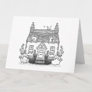 Colour Your Own English Cottage and Cats Blank Thank You Card