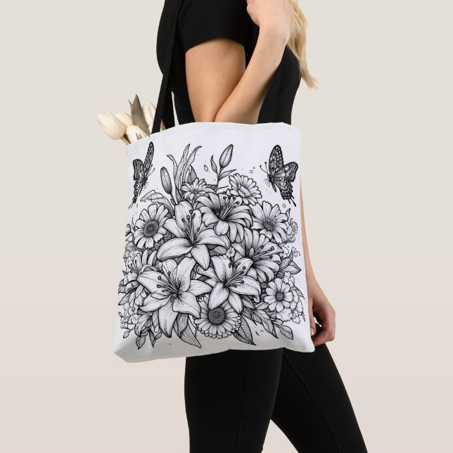 Colour Your Own Flower Floral Butterfly Tote Bag (Close Up)