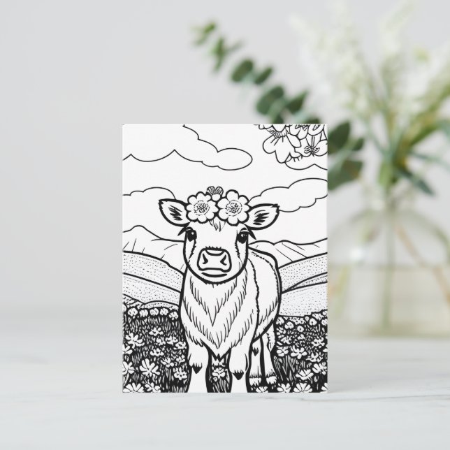 Colour Your Own! Highland Cow Calf in Flowers Postcard (Standing Front)