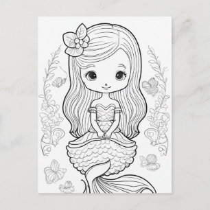 Colour Your Own Mermaid Black Line Drawing Postcard