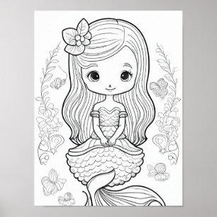 Colour Your Own Mermaid Black Line Drawing Poster