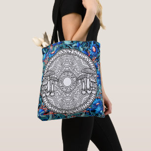 Colour Your Own Mushroom Mandala Craft Blue Floral Tote Bag