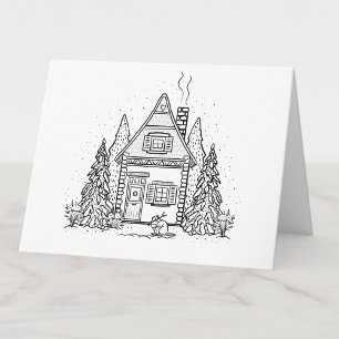 Colour Your Own Winter House and Beaver Blank Thank You Card