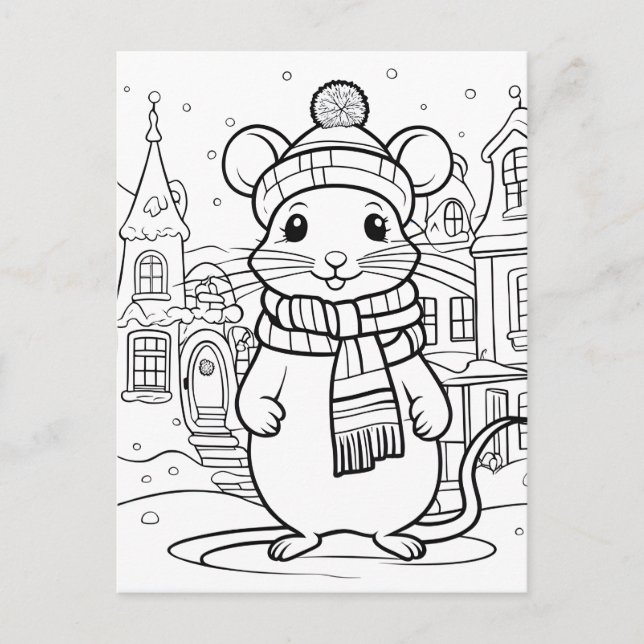 Colour Your Own! Winter Mouse Postcard (Front)