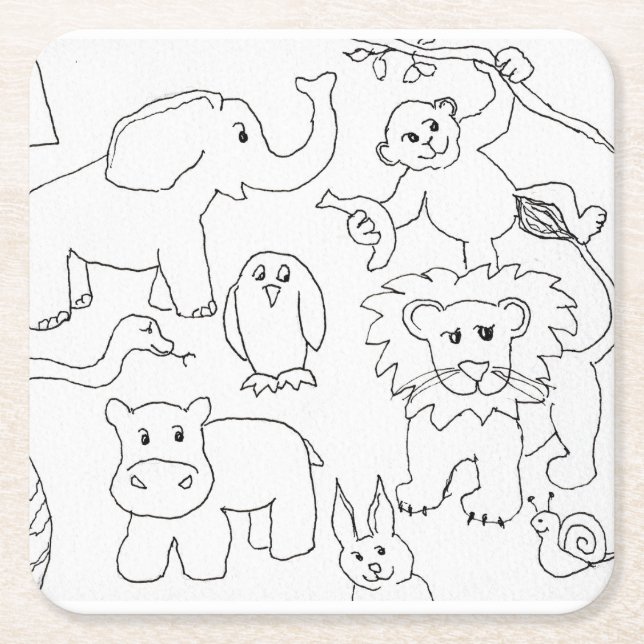 Colour Your Own Zoo Animals Square Paper Coaster (Front)