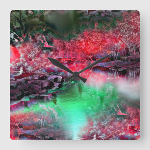 Coloured and textured landscape in red and green t square wall clock