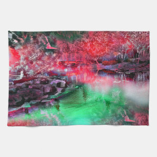 Coloured and textured landscape in red and green t tea towel