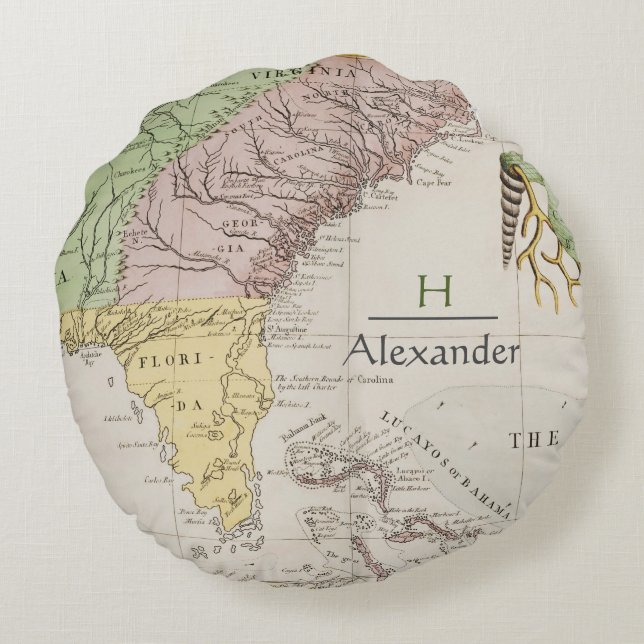 Coloured Antique Map  Carolina Florida Map Round Cushion (Back)
