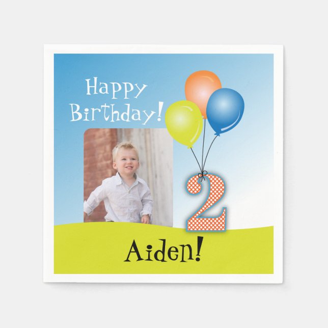 Coloured Balloons Child's 2nd Birthday Photo Napkin (Front)